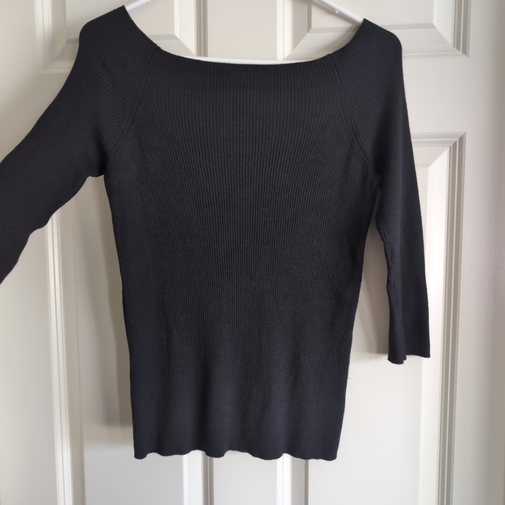 Black ribbed off the shoulder 3/4 length light sweater